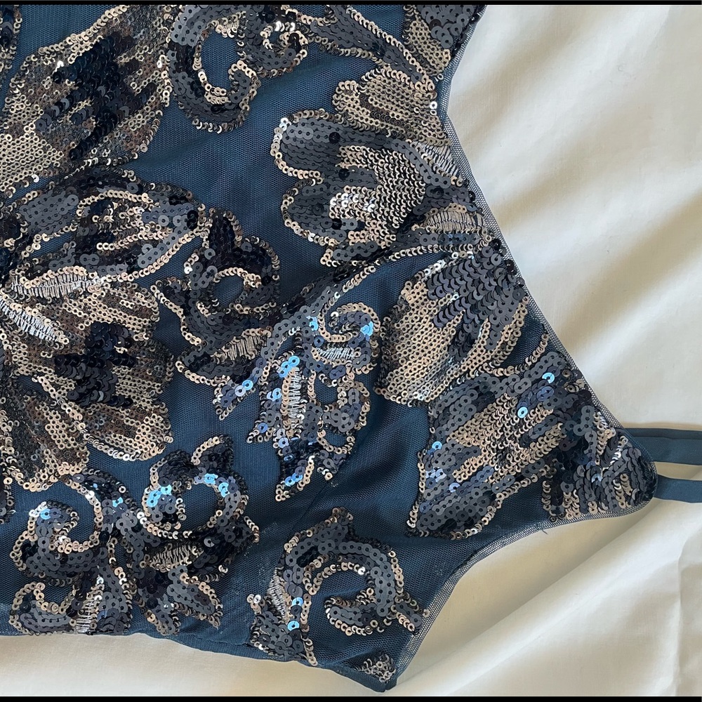 Deep Blue Mesh Sequins Spaghetti Strap Party Top - image 3